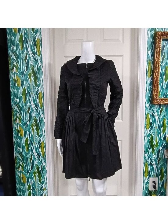 Samuel Dong Black Ruffle Front Long Coat Dress S  Pleated Skirt By Samuel Dong - Picture 16 of 16